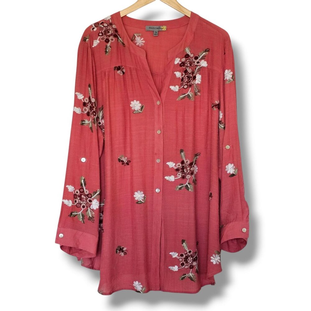 Figueroa & Flower Button Front‎ Top Size 3X Coral Embroidered Floral Long Sleeve